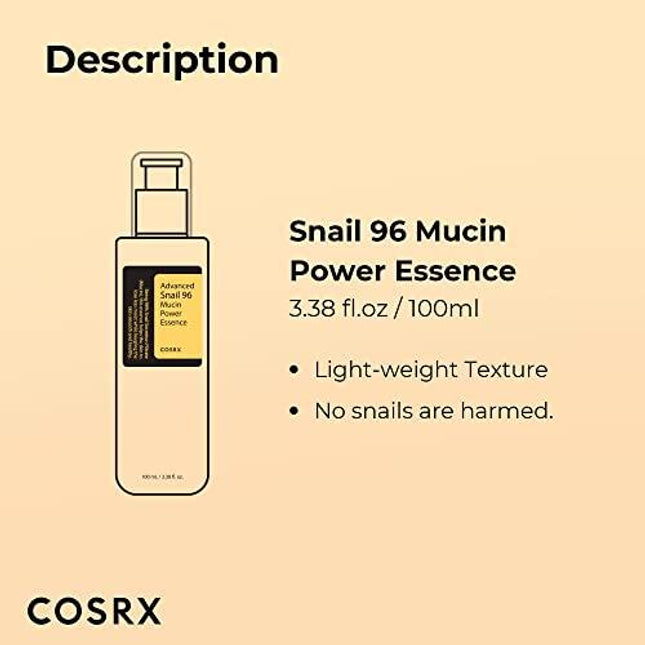 COSRX Snail Mucin 96% Power Repairing Essence 3.38 fl.oz 100ml, Hydrating Serum for Face with Snail Secretion Filtrate for Dull Skin & Fine Lines, Korean Skincare - Daily Products Club