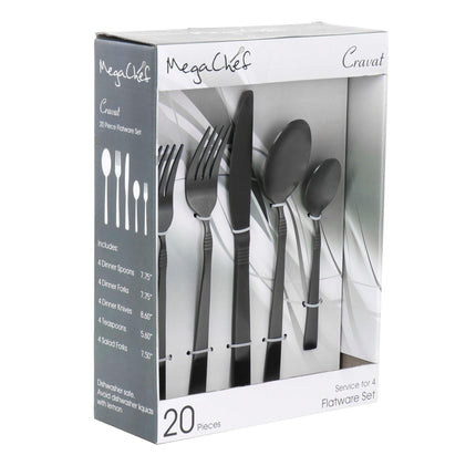 MegaChef Cravat 20 Piece Flatware Utensil Set, Stainless Steel Silverware Metal Service for 4 in Matte Black - Daily Products Club